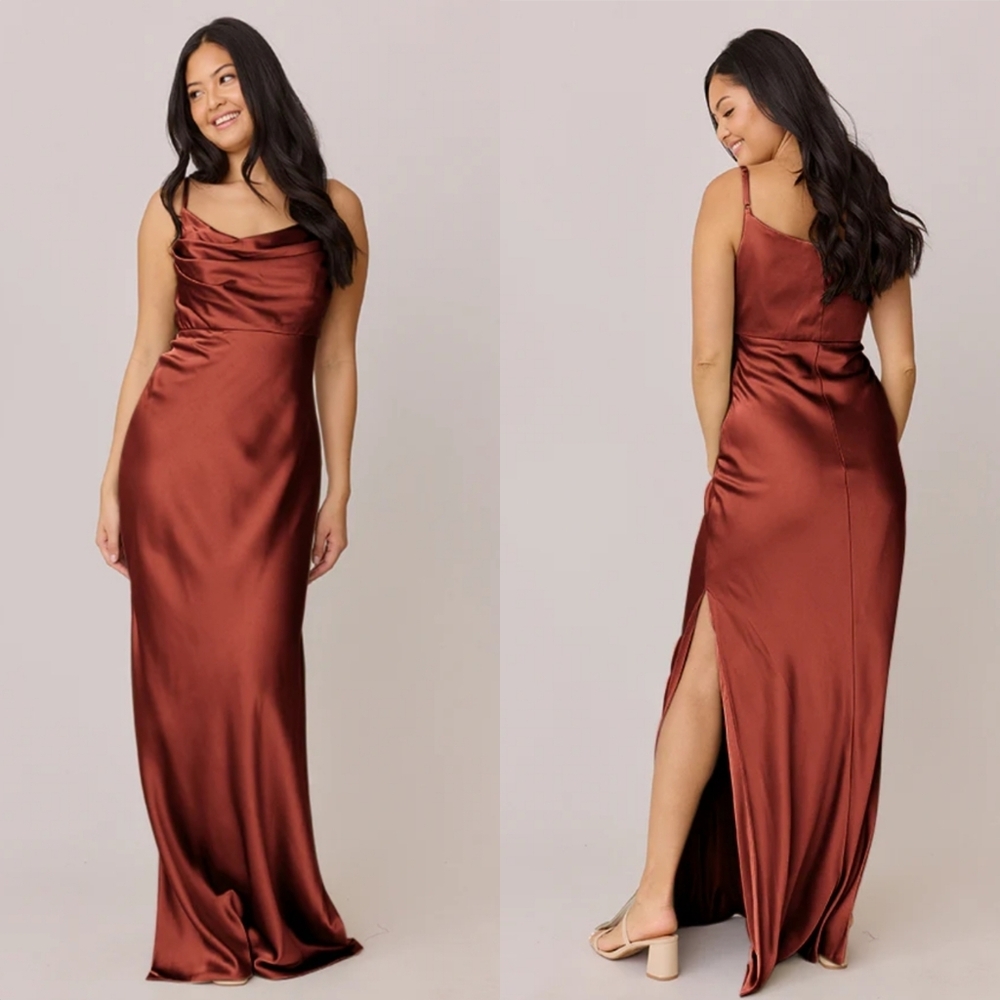 Revelry Skye Satin Draped Bust Spaghetti Strap Double Slit Side MAxi Dress Gown